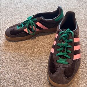 adidas Brown Suede Sneakers with Pink Stripes and Green Laces